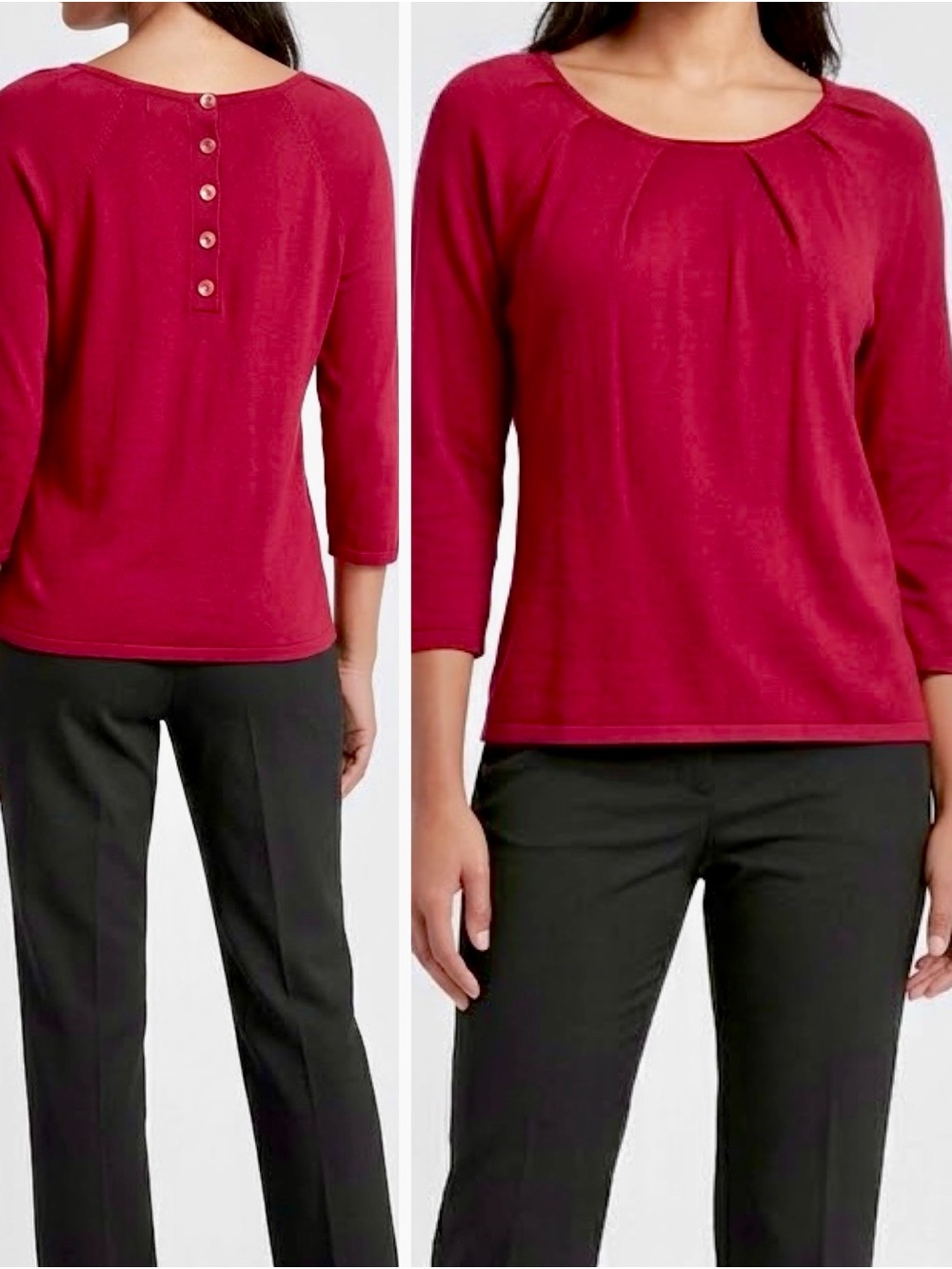 WILLI SMITH Pleated Thin Sweater Deep Red Button-Back Scoop Neck Top — #LHP